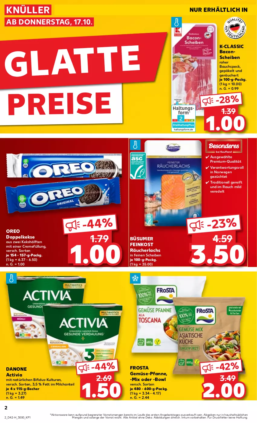 Aktueller Prospekt Kaufland - Extra-Angebote - von 17.10 bis 23.10.2024 - strona 2 - produkty: activia, angebot, bacon, Bau, Becher, bifi, creme, danone, danone activia, Doppelkekse, eis, feinkost, frosta, gemüse-pfanne, keks, kekse, lachs, latte, milch, oreo, pfanne, Rauch, Räucherlachs, reis, rwe, Speck, Ti, ZTE