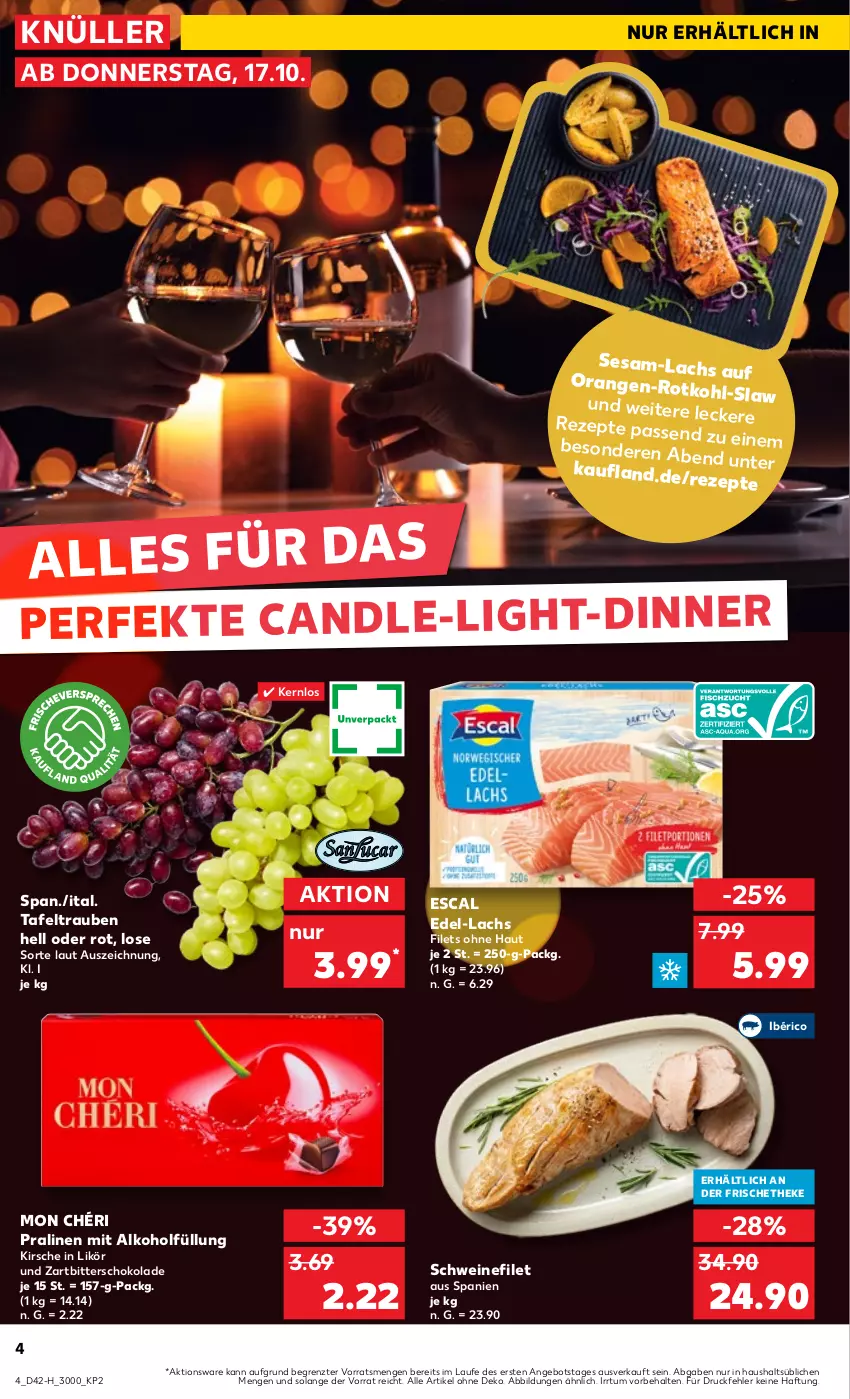 Aktueller Prospekt Kaufland - Extra-Angebote - von 17.10 bis 23.10.2024 - strona 4 - produkty: alkohol, angebot, escal, filet, filets, kirsch, kirsche, lachs, likör, Mon Chéri, orange, orangen, pralinen, rezept, rezepte, schoko, schokolade, schwein, schweine, schweinefilet, sesam, tafeltrauben, Ti, trauben, wein, weine, Zartbitterschokolade, ZTE