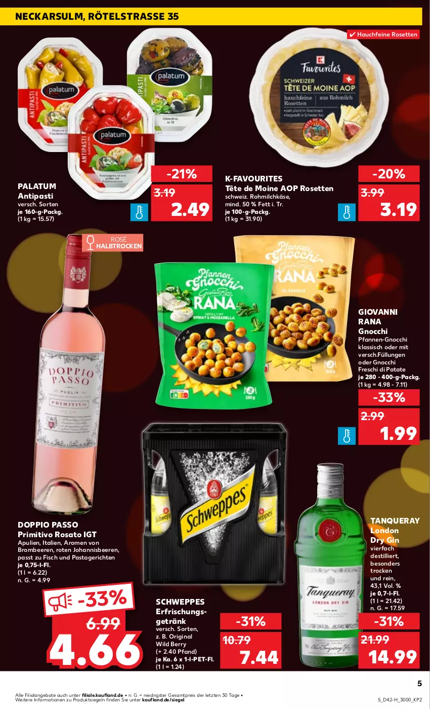 Aktueller Prospekt Kaufland - Extra-Angebote - von 17.10 bis 23.10.2024 - strona 5 - produkty: angebot, angebote, antipasti, asti, beere, beeren, brombeere, brombeeren, doppio passo, dry gin, eis, erfrischungsgetränk, fisch, getränk, gin, giovanni rana, gnocchi, johannisbeere, Johannisbeeren, Käse, london dry, london dry gin, milch, passo, pasta, Pastagericht, pfanne, pfannen, primitivo, Rana, reis, rosato, schweppes, Tanqueray, Tête de Moine, Ti, Wild, wild berry, ZTE