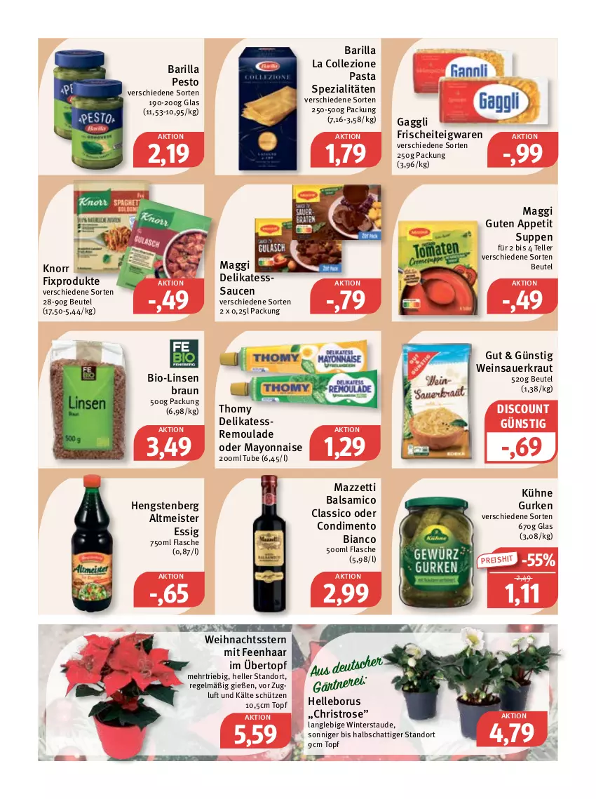 Aktueller Prospekt Feneberg - Prospekte - von 01.12 bis 03.12.2022 - strona 9 - produkty: auer, balsam, balsamico, barilla, beutel, bio, braun, classico, condimento, Condimento Bianco, discount, eis, elle, essig, flasche, gaggli, gurke, gurken, hengstenberg, Hengstenberg Altmeister, knorr, knorr fix, Kraut, Kühne, linsen, maggi, mayonnaise, Meister, pasta, pesto, reis, remoulade, sauce, saucen, Sauerkraut, Schütze, Spezi, suppe, suppen, teigwaren, teller, thomy, Ti, topf, übertopf, Weihnachtsstern, wein, Weinsauerkraut, Yo