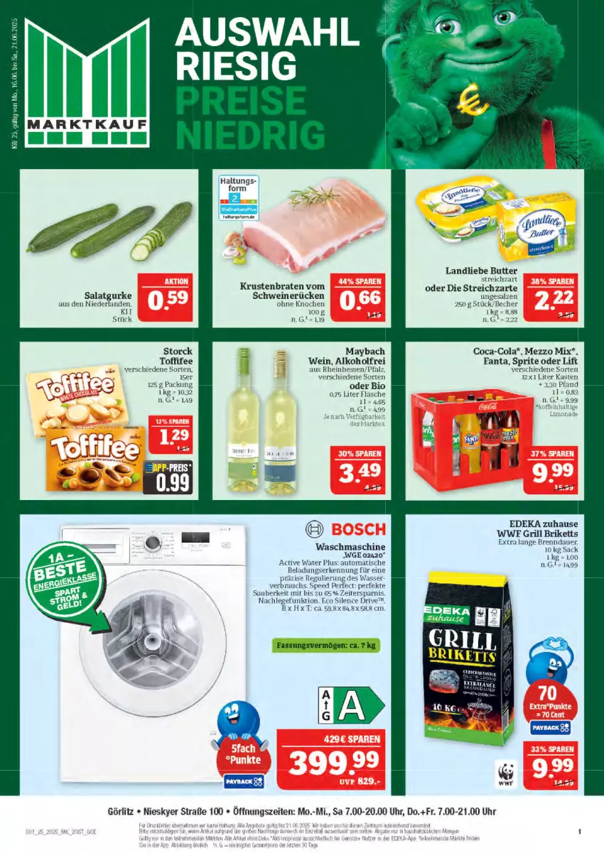 Aktueller Prospekt Marktkauf - Prospekt - von 15.06 bis 21.06.2025 - strona 1 - produkty: alkohol, auer, auto, Becher, bio, braten, briketts, butter, coca-cola, cola, deka, fanta, flasche, gefu, grill, gurke, krustenbraten, landliebe, maybach, Mezzo Mix, Rauch, sac, salat, Salatgurke, salz, schwein, schweine, schweinerücken, spee, sprite, storck, Streichzart, Ti, tisch, toffifee, uhr, waschmaschine, wasser, wein, weine