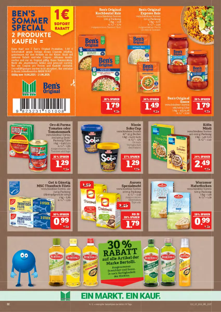 Aktueller Prospekt Marktkauf - Prospekt - von 15.06 bis 21.06.2025 - strona 22 - produkty: Becher, eis, filet, filets, fisch, hafer, haferflocken, kölln, mehl, müsli, Nissin, oro di parma, reis, Sugo, thunfisch, thunfisch filets, tomate, tomaten, tomatenmark, weizenmehl