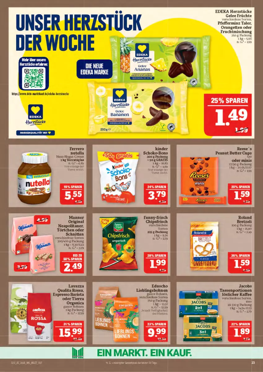 Aktueller Prospekt Marktkauf - Prospekt - von 15.06 bis 21.06.2025 - strona 23 - produkty: bohne, bohnen, butter, chips, chipsfrisch, deka, eduscho, eis, espresso, ferrero, frucht, früchte, funny-frisch, gelee, lavazza, nuss, nutella, orange, peanut butter, pfeffer, reis, schnitten, tasse, Ti, Törtchen