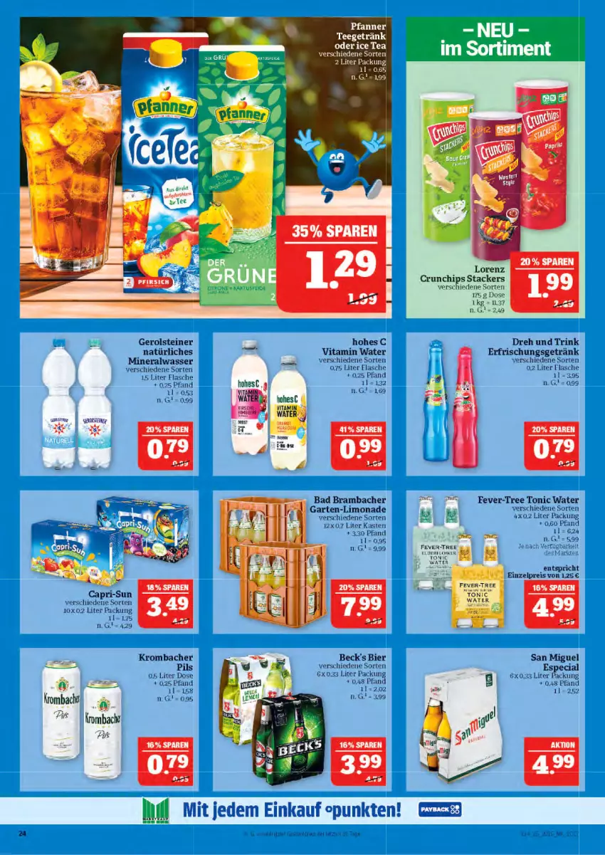 Aktueller Prospekt Marktkauf - Prospekt - von 15.06 bis 21.06.2025 - strona 24 - produkty: Alwa, beck's, bier, Cap, capri-sun, chips, crunchips, eis, erfrischungsgetränk, fever-tree, flasche, gerolsteine, gerolsteiner, getränk, Hohes C, ice tea, krombache, krombacher, mineralwasser, natürliches mineralwasser, pfanne, Pfanner, reis, steiner, tonic, tonic water, vita, wasser