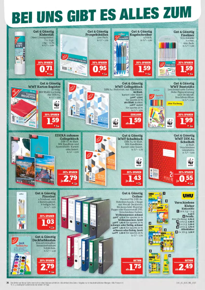 Aktueller Prospekt Marktkauf - Prospekt - von 15.06 bis 21.06.2025 - strona 36 - produkty: Brei, collegeblock, deckfarbkasten, deka, din a4, eis, Fineliner, kleber, kraft, Kugel, kugelschreiber, Leuchte, leuchten, ordner, Pinsel, Pinselset, prospekthüllen, Ria, ring, Schulblock, Ti, wasser