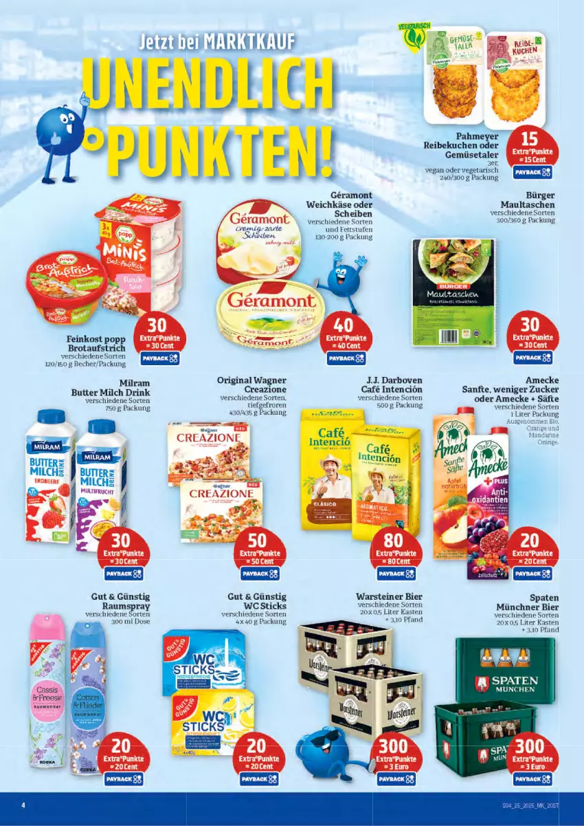 Aktueller Prospekt Marktkauf - Prospekt - von 15.06 bis 21.06.2025 - strona 4 - produkty: amecke, aufstrich, Becher, bier, bio, brot, brotaufstrich, butter, darbo, darboven, drink, elle, feinkost, gin, Käse, kuchen, maultaschen, milch, milram, original wagner, Popp, säfte, Spaten, steiner, Tasche, taschen, Ti, Vegeta, wagner, warsteiner, weichkäse, zucker