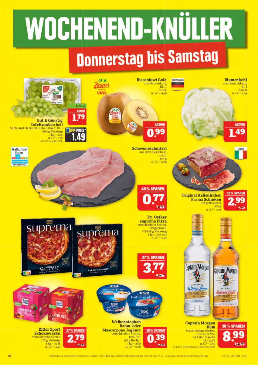 Aktueller Prospekt Marktkauf - Prospekt - von 15.06 bis 21.06.2025 - strona 42 - produkty: Becher, blume, blumen, blumenkohl, Cap, captain morgan, deka, Dr. Oetker, Elan, flasche, gin, joghur, joghurt, kiwi, Kiwi Gold, mascarpone, natur, nuss, pizza, ritter, ritter sport, Schal, Schale, schinken, schnitzel, schoko, schokowürfel, schwein, schweine, schweineschnitzel, Sport, tafeltrauben, Ti, trauben, wein, weine, würfel