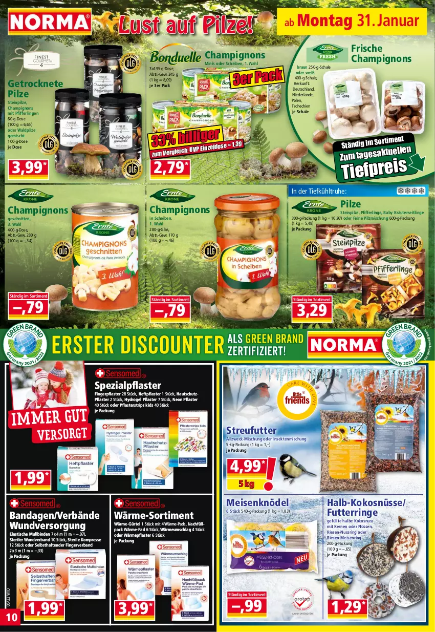 Aktueller Prospekt Norma - Norma - von 31.01 bis 07.02.2022 - strona 10 - produkty: asti, binden, braun, champignon, champignons, eis, elle, gin, Knödel, kokos, kokosnuss, kräuter, Kräuterseitlinge, Meisenknödel, nuss, Pfifferlinge, pflaster, pilze, Pilzmischung, reis, ring, Schal, Schale, schnitten, sekt, Spezi, Steinpilze, Streufutter, tender, Ti, tiefpreis, tisch, weck