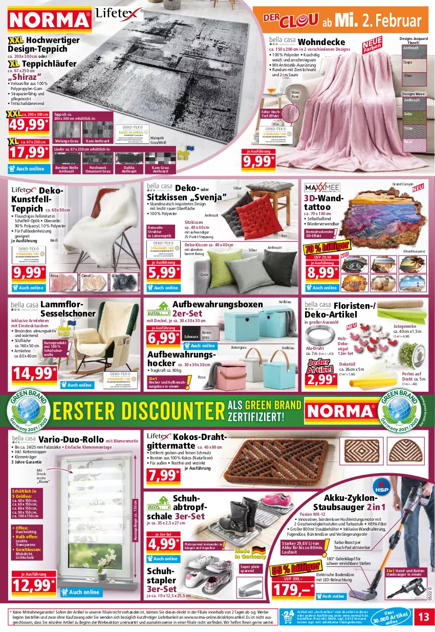 Aktueller Prospekt Norma - Norma - von 31.01 bis 07.02.2022 - strona 13 - produkty: akku, armlehnen, auer, aufbewahrungsbox, Bebe, Behälter, beleuchtung, blume, blumen, bodenstaubsauger, bürste, bürsten, decke, Deckel, dell, Draht, eis, Elan, elle, gin, hocker, Holz, Kette, kissen, kokos, kraft, lamm, Läufer, led-beleuchtung, leine, mit led-beleuchtung, Mode, natur, ndk, perlen, reis, rwe, Schaffell, Schal, Schale, Schuhstapler, sessel, sitzkissen, Spiele, staubsauger, Tasche, taschen, teppich, Ti, topper, wandhalterung, wolle, Yo