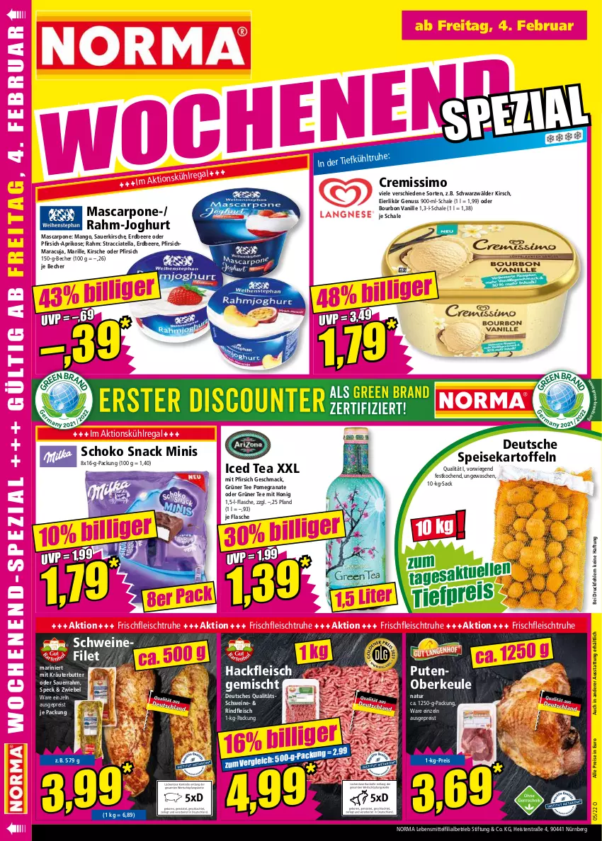 Aktueller Prospekt Norma - Norma - von 31.01 bis 07.02.2022 - strona 16 - produkty: ACC, aprikose, auer, Becher, beere, bourbon, bourbon vanille, butter, cremissimo, eier, eierlikör, eis, erdbeere, filet, flasche, fleisch, grana, grüner tee, hackfleisch, hackfleisch gemischt, honig, joghur, joghurt, kartoffel, kartoffeln, kirsch, kirsche, kräuter, kräuterbutter, kühlregal, lebensmittel, likör, mac, mango, maracuja, mascarpone, natur, nuss, pfirsich, pute, Putenoberkeule, Rana, regal, reis, rind, rindfleisch, sac, Sauerrahm, Schal, Schale, schoko, schwein, schweine, schweinefilet, sim, snack, Speck, speisekartoffeln, tee, Ti, tiefpreis, vanille, wein, weine, zwiebel