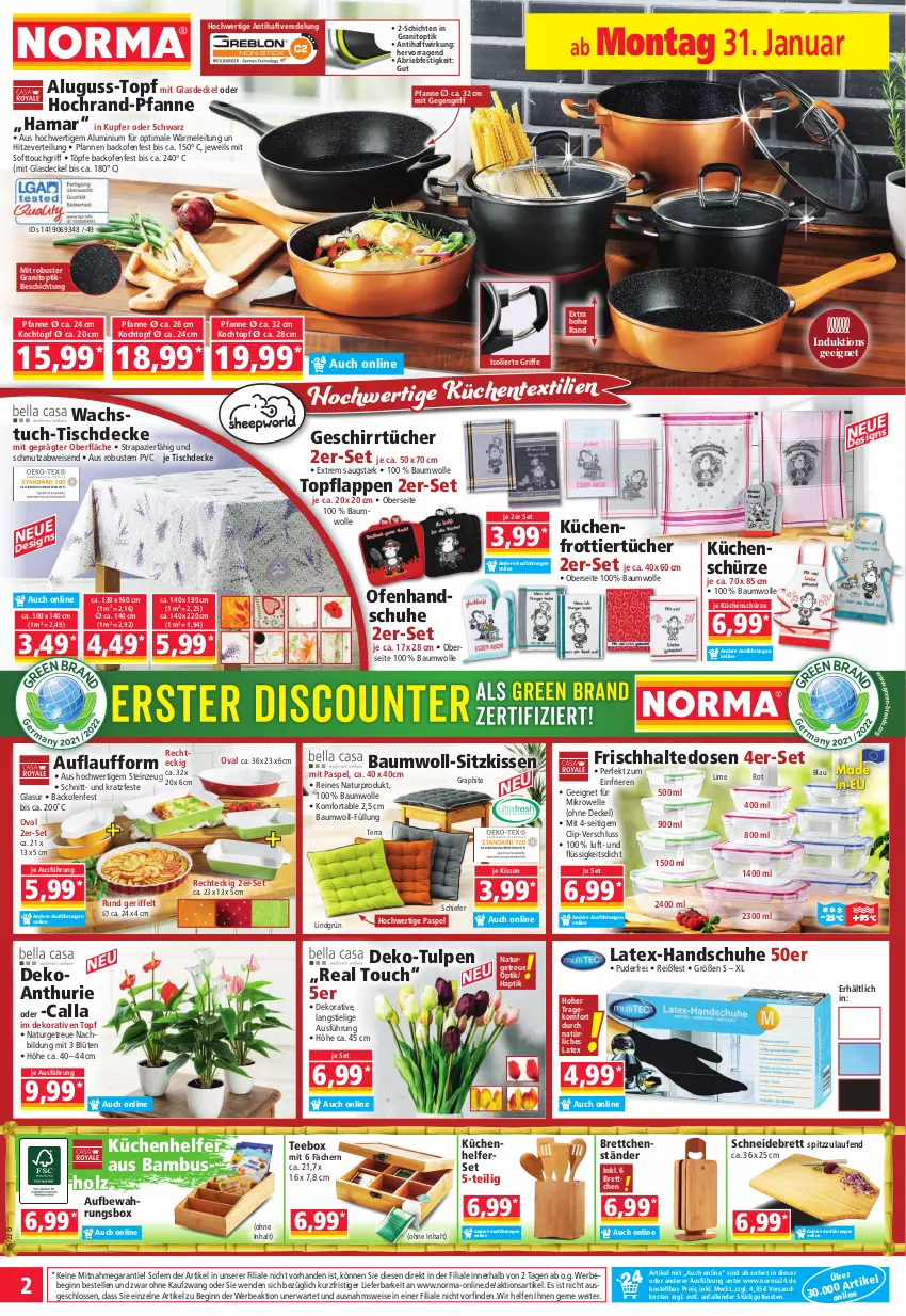 Aktueller Prospekt Norma - Norma - von 31.01 bis 07.02.2022 - strona 2 - produkty: aufbewahrungsbox, backofen, bambus, Bau, baumwolle, Bebe, Blüte, Brettchen, brie, decke, Deckel, eis, elle, ente, frischhaltedosen, Frottiertücher, geschirr, geschirrtücher, gin, Glasdeckel, hama, handschuhe, Holz, kissen, Kochtopf, küche, Küchen, Küchenhelfer, Küchenschürze, Laufen, mikrowelle, natur, ndk, Ofen, pfanne, pfannen, reis, schneidebrett, schuhe, Schürze, sitzkissen, tee, Ti, tisch, tischdecke, topf, tuc, tücher, wachstuch, wolle