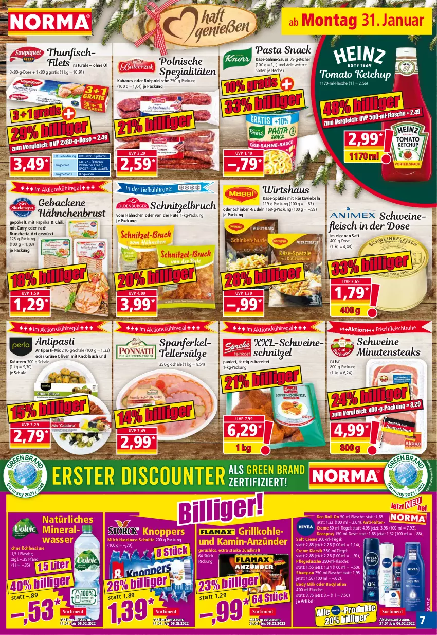 Aktueller Prospekt Norma - Norma - von 31.01 bis 07.02.2022 - strona 7 - produkty: Alwa, antipasti, anzünder, asti, Becher, body, body milk, bodylotion, chili, creme, curry, deo, deo roll-on, deospray, dusche, eis, elle, filet, filets, fisch, fische, Fischer, flasche, fleisch, geback, gewürz, grill, Grillkohle, grüne oliven, hähnchenbrust, haselnuss, HP, kabanos, Kamin, Käse, ketchup, knoblauch, knoppers, kraft, kräuter, kräutern, kühlregal, Lotion, milch, mineralwasser, minutensteaks, mit knoblauch, mit paprika, mit röstzwiebeln, natur, natura, natürliches mineralwasser, ndk, nudel, nudeln, nuss, olive, oliven, paprika, pasta, pasta snack, pflegedusche, pute, regal, ring, roll-on, röstzwiebeln, saft, sahne, sauce, Schal, Schale, schinken, schnitzel, schwein, schweine, schweinefleisch, schweineschnitzel, shampoo, snack, Spezi, steak, steaks, teller, thunfisch, Ti, tomato ketchup, wasser, wein, weine, zwiebel, zwiebeln