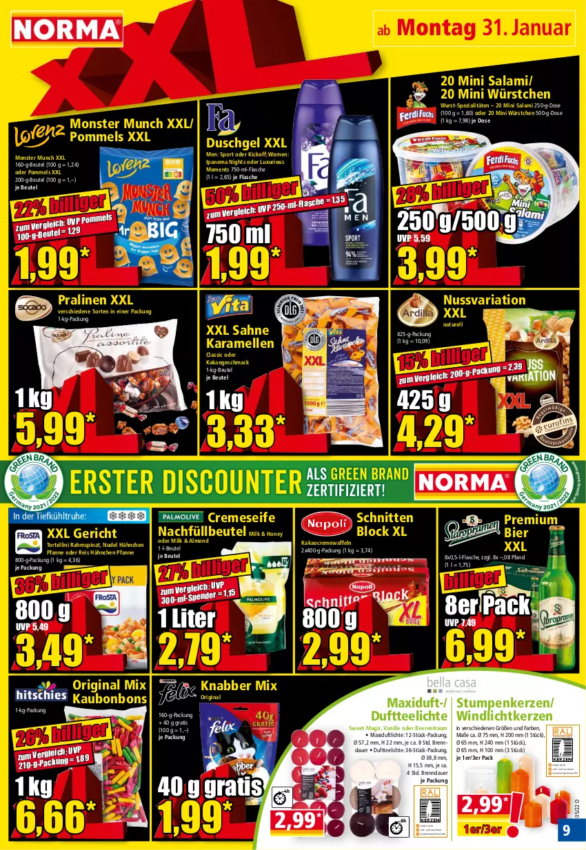 Aktueller Prospekt Norma - Norma - von 31.01 bis 07.02.2022 - strona 9 - produkty: auer, beere, beeren, beutel, bier, bonbons, creme, cremeseife, Cremewaffeln, Duftteelichte, duschgel, eis, elle, flasche, gin, kakao, karamell, kerze, mac, monster, natur, nudel, nuss, pfanne, Pommels, pralinen, reis, rel, Ria, sahne, salami, schnitten, Seife, Spezi, spinat, Sport, tee, Teelicht, teelichte, Ti, torte, tortellini, vanille, waffeln, windlicht, wurst, würstchen