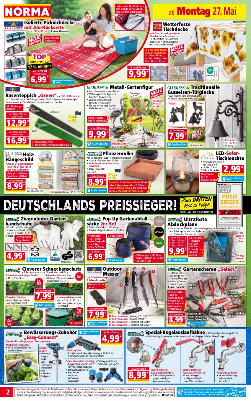 Aktueller Prospekt Norma - Norma - von 27.05 bis 03.06.2024 - strona 2 - produkty: abdeckplane, adapter, asti, Bau, Bebe, blume, blumen, boss, decke, dell, edelstahl, eis, Elan, elle, ente, Garten, Gartenschere, gin, grill, handschuhe, Holz, K2, kraft, Kugel, lack, Lacke, lamm, Leuchte, LG, messer, Mode, ndk, passend für alle, pelikan, Pfau, pflanze, pflanzen, picknickdecke, rasen, Rauch, reis, reiss, Ria, ring, Roller, Schere, schlauch, schuhe, Spezi, Spiele, Tasche, taschen, teppich, Ti, tisch, tischdecke, tischleuchte, topf, wasser, ZTE