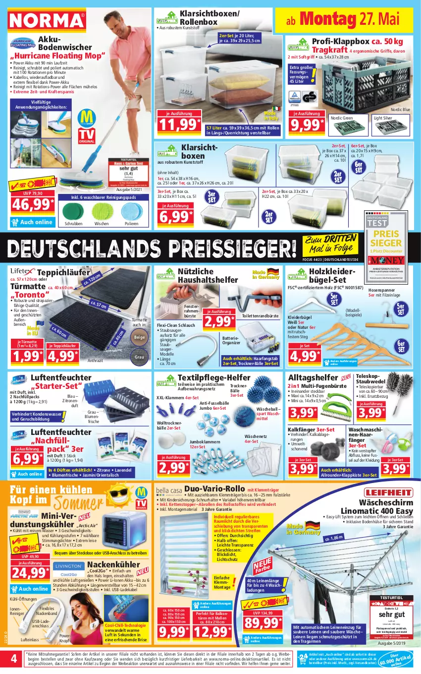 Aktueller Prospekt Norma - Norma - von 27.05 bis 03.06.2024 - strona 4 - produkty: akku, arctic air, auto, ball, batterie, Bebe, blume, blumen, bodenwischer, bügel, bürste, deka, dell, eis, elle, ente, fenster, Fugenbürste, Garten, Germ, gin, Holz, hose, hosen, jumbo, Kette, Kinder, Klammern, Klappbox, Klarsichtbox, kleid, kleider, kleiderbügel, Kleidung, kraft, ladekabel, lamm, Läufer, lavendel, leifheit, leine, LG, Liege, Luftentfeuchter, Mode, natur, ndk, reifen, reiniger, Reinigung, reis, reiss, Ria, Rollenbox, Schal, schlauch, Spiele, staubsauger, staubwedel, steckdose, Teleskop, teppich, Ti, tisch, topf, topper, Trockner, usb, wäscheschirm, waschmaschine, waschmaschinen, waschmittel, wasser, wedel, zitrone, zitronen, ZTE