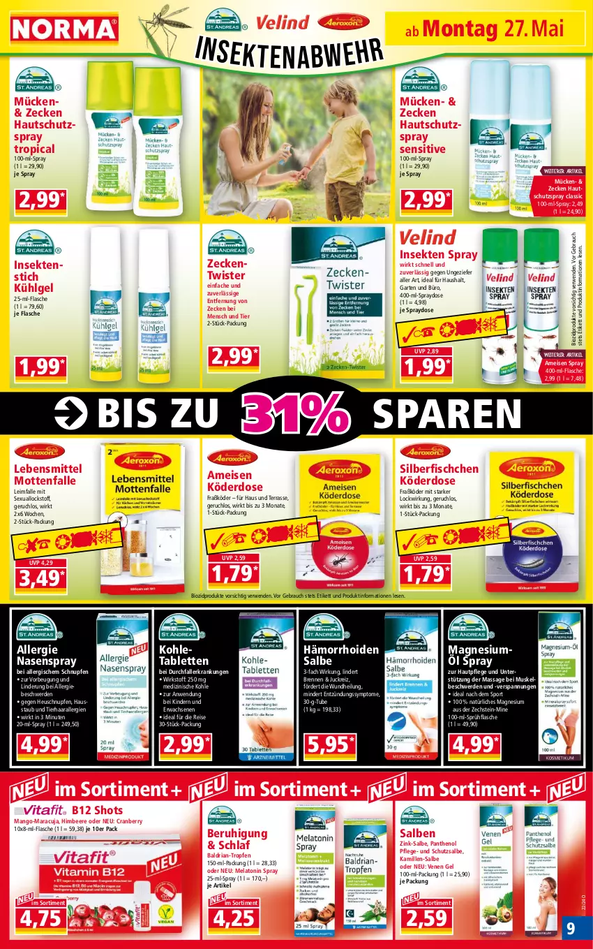 Aktueller Prospekt Norma - Norma - von 27.05 bis 03.06.2024 - strona 9 - produkty: beere, bio, biozidprodukte, cranberry, eis, erde, fisch, flasche, Garten, Hautpflege, Heu, himbeer, himbeere, Kamill, kamille, Kinder, lebensmittel, LG, magnesium, mango, maracuja, Mottenfalle, Nasenspray, Panthenol, Rauch, reis, Ria, rwe, sekt, Sport, sprühflasche, tablet, tablett, Tablette, Ti