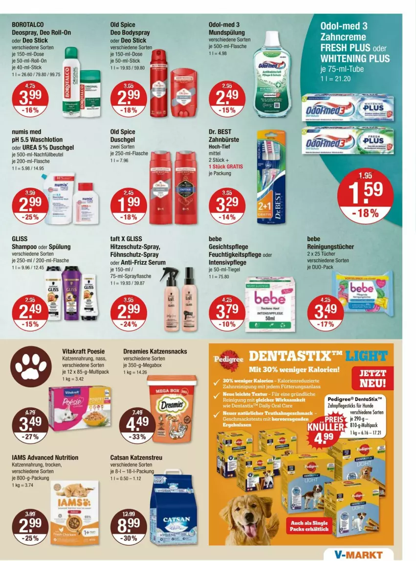 Aktueller Prospekt Vmarkt - Prospekte - von 07.08 bis 13.08.2025 - strona 11 - produkty: asti, Bebe, beutel, body, bodyspray, Borotalco, bürste, catsan, creme, dentastix, deo, deo roll-on, deospray, Dr. Best, dreamies, duschgel, feuchtigkeitspflege, flasche, gesichtspflege, gliss, je 50-ml-tiegel, katzennahrung, katzensnack, katzensnacks, Katzenstreu, kraft, Lotion, mundspülung, Odol, Odol-med 3, Old Spice, pedigree, Reinigung, reinigungstücher, roll-on, rum, Serum, shampoo, shampoo oder spülung, snack, snacks, spülung, Taft, Ti, tücher, vita, vitakraft, Waschlotion, zahnbürste, zahncreme