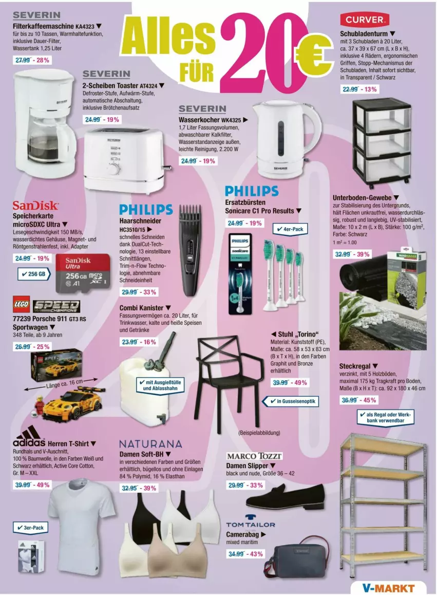 Aktueller Prospekt Vmarkt - Prospekte - von 07.08 bis 13.08.2025 - strona 15 - produkty: adapter, auer, auto, Bank, Bau, baumwolle, beispielabbildung, brötchen, brötchenaufsatz, bügel, bürste, bürsten, Eckregal, eis, elle, filterkaffee, getränk, getränke, haarschneider, Holz, kaffee, kaffeemaschine, Kocher, kraft, Kraut, lack, microsd, microsdxc, natur, natura, naturana, Philips, Rana, regal, Reinigung, Ria, rwe, Schal, schubladen, Schubladenturm, severin, shirt, slip, Slipper, sonicare, speicherkarte, Sport, steckregal, stuhl, T-Shirt, tasse, Ti, tisch, toast, toaster, tom tailor, wasser, wasserkocher, wassertank, wolle