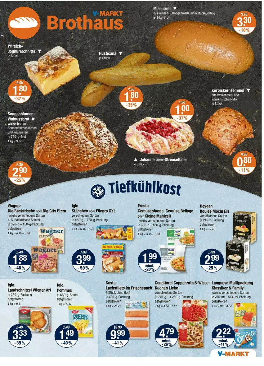 Aktueller Prospekt Vmarkt - Prospekte - von 07.08 bis 13.08.2025 - strona 5 - produkty: auer, beutel, blume, blumen, brot, coppenrath, dovgan, eis, filet, filets, frosta, iglo, ilag, joghur, joghurt, kuchen, Kürbis, lachs, lachsfilet, lachsfilets, langnese, leine, mehl, Mochi, natur, nuss, pfanne, pizza, pommes, salami, schnitzel, Semmel, sonnenblume, sonnenblumen, Ti, wagner, walnuss, wiener