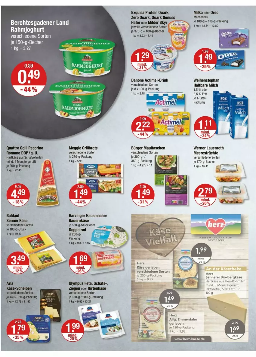 Aktueller Prospekt Vmarkt - Prospekte - von 07.08 bis 13.08.2025 - strona 6 - produkty: actimel, auer, Bau, Bauer, Becher, Bergkäse, bio, brot, danone, drink, exquisa, feta, fitline, früchte, grill, Grillbrot, hafer, haltbare milch, hartkäse, Hausmacher, Heu, hirtenkäse, je 250-g-packung, joghur, joghurt, Käse, mac, maultaschen, meeresfrüchte, meggle, milch, milka, nuss, oreo, Pecorino, quark, quark genus, quark genuss, rahmjoghurt, Skyr, snack, Tasche, taschen, Ti, vollmilch, weihenstephan