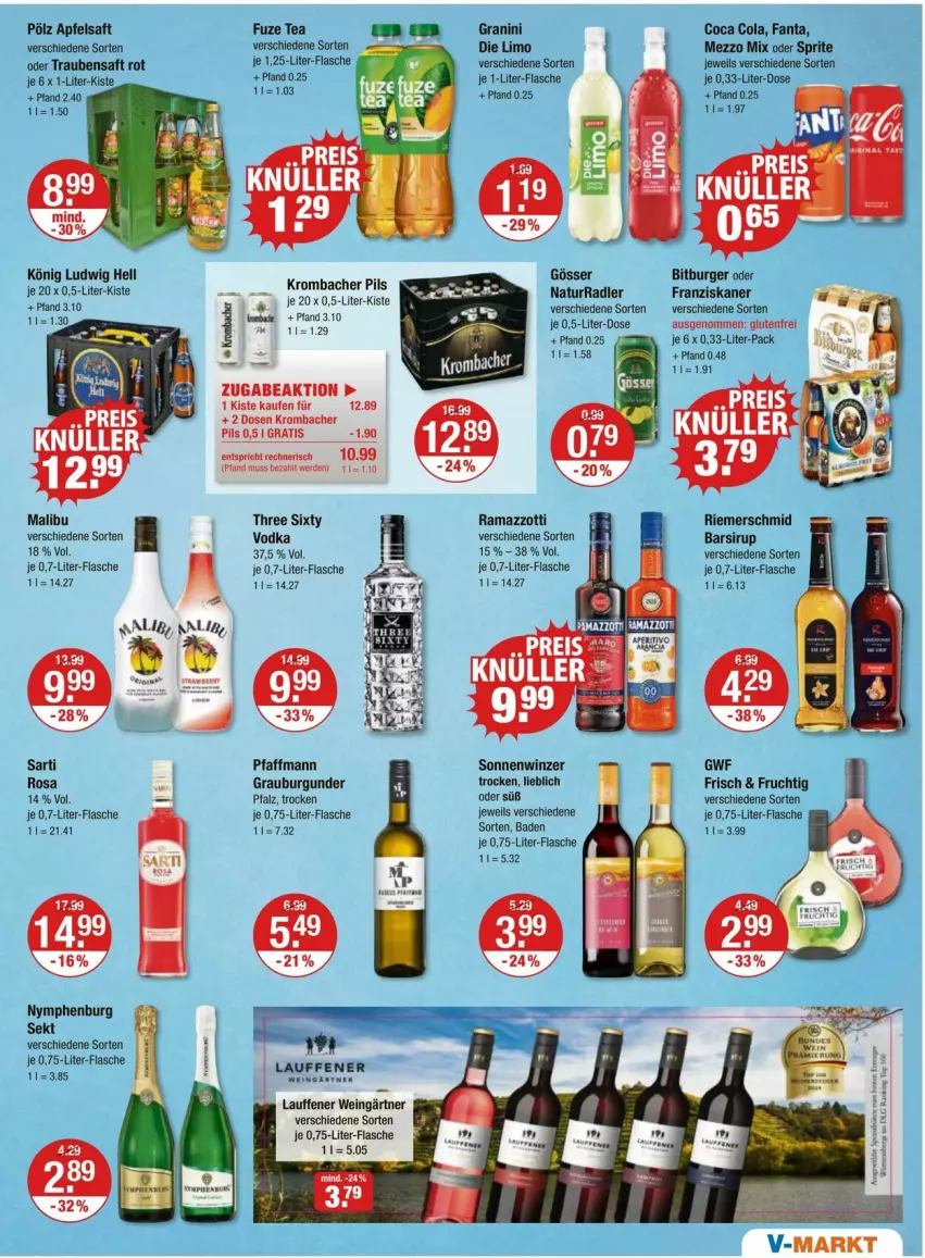 Aktueller Prospekt Vmarkt - Prospekte - von 07.08 bis 13.08.2025 - strona 9 - produkty: apfel, apfelsaft, Bad, bitburger, burger, burgunder, cola, eis, fanta, flasche, franziskaner, frucht, fuze tea, gösser, granini, grauburgunder, je 1-liter-flasche, krombache, krombacher, krombacher pils, limo, Malibu, Mezzo Mix, natur, oder sprite, pils, radler, rama, ramazzott, ramazzotti, reis, saft, sekt, sirup, sprite, Three Sixty, Ti, trauben, Traubensaft, vodka, wein, zott
