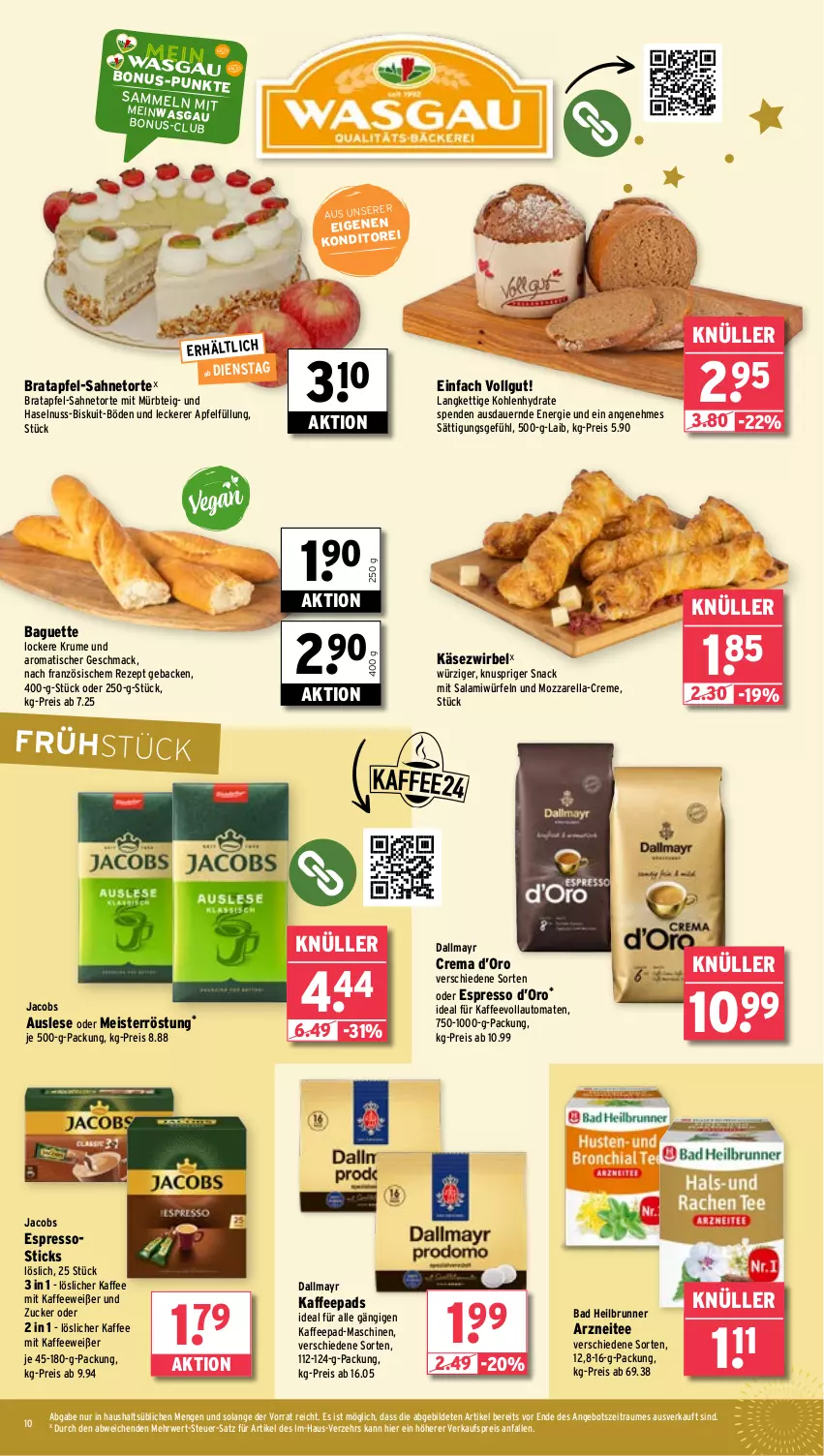 Aktueller Prospekt Wasgau - von 23.12 bis 28.12.2024 - strona 10 - produkty: angebot, apfel, auer, auto, Bad, baguette, creme, dallmayr, eis, espresso, geback, haselnuss, jacobs, kaffee, kaffeepads, kaffeevollautomat, kaffeevollautomaten, Käse, Käsezwirbel, LG, löslicher kaffee, mac, Meister, meisterröstung, mozzarella, Mürbteig, nuss, oder espresso, reis, rel, rezept, rum, rwe, sahne, salami, snack, tee, Ti, tisch, tomate, tomaten, torte, vollautomaten, würfel, zucker