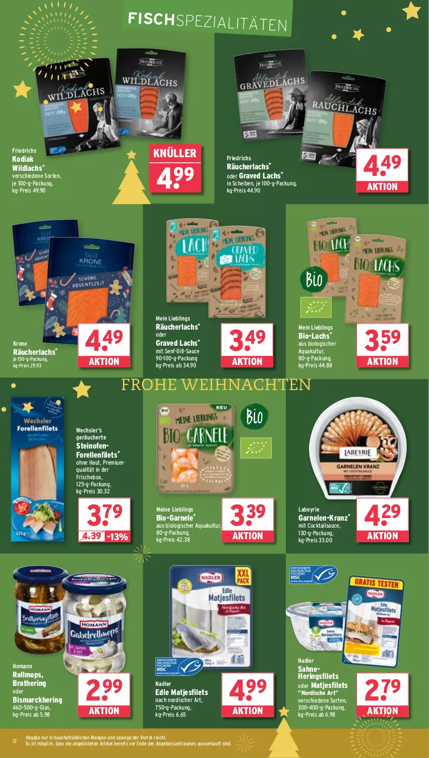 Aktueller Prospekt Wasgau - von 23.12 bis 28.12.2024 - strona 12 - produkty: angebot, aqua, bio, bismarck, cocktail, cocktails, eis, elle, filet, filets, fisch, Fischspezialitäten, forelle, garnelen, Graved Lachs, hering, Herings, heringsfilets, homann, Kranz, krone, lachs, matjes, Matjesfilet, matjesfilets, nadler, Ofen, Räucherlachs, reis, rel, ring, sahne, sauce, senf, Spezi, steinofen, Ti, weihnachten, Wild, wildlachs