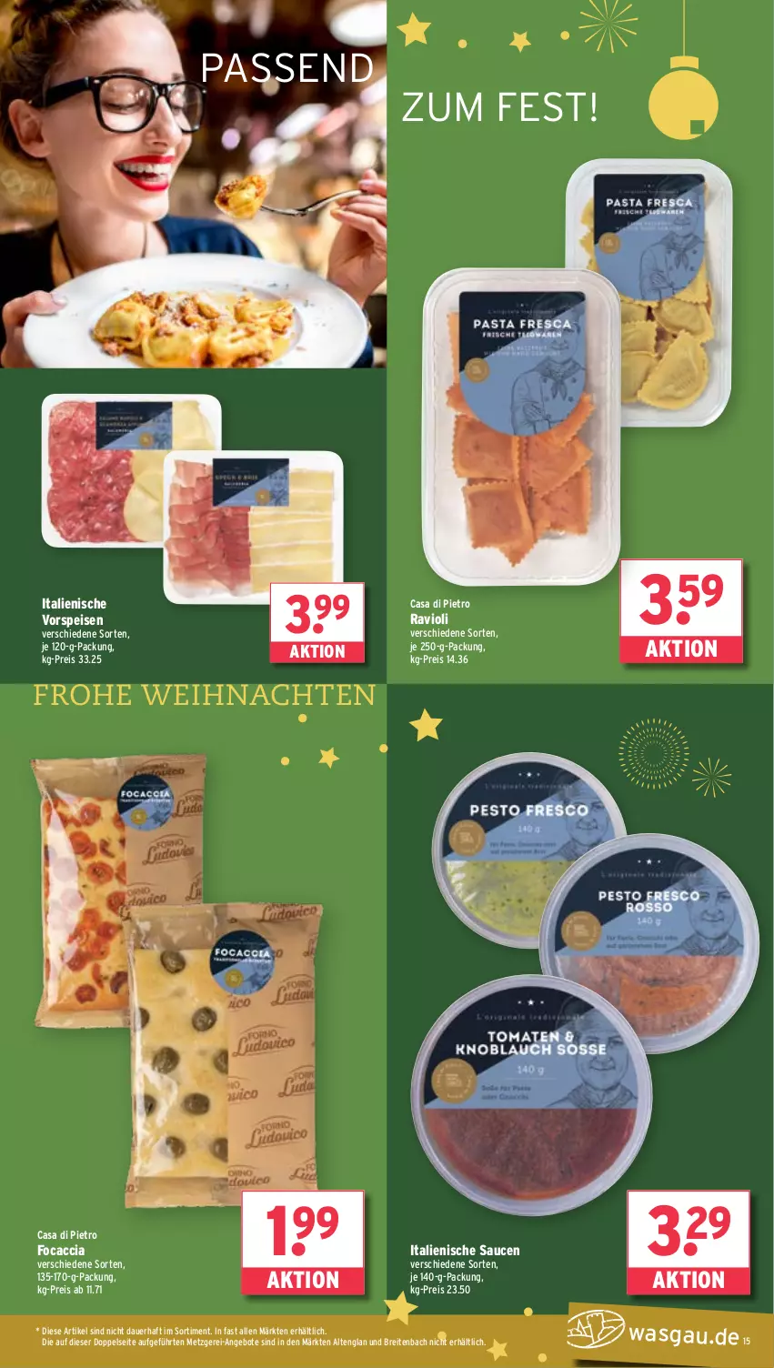 Aktueller Prospekt Wasgau - von 23.12 bis 28.12.2024 - strona 15 - produkty: ACC, angebot, angebote, auer, Brei, eis, Focaccia, je 250-g-packung, ravioli, reis, sauce, saucen, Ti, vorspeise, weihnachten