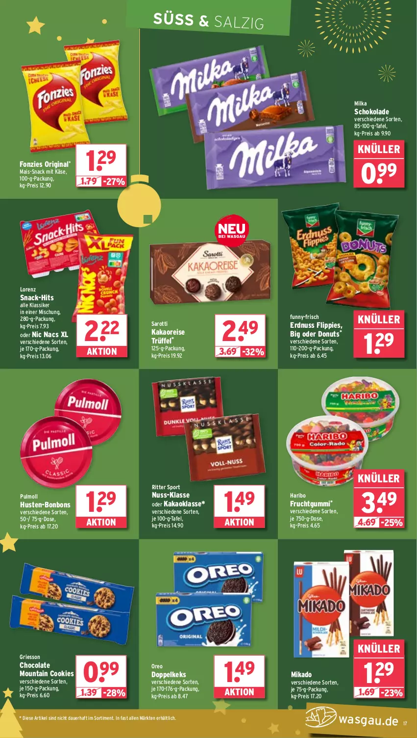 Aktueller Prospekt Wasgau - von 23.12 bis 28.12.2024 - strona 17 - produkty: auer, bonbons, cola, cookie, cookies, Donut, donuts, eis, erdnuss, flippies, frucht, fruchtgummi, funny-frisch, gin, griesson, haribo, kakao, Käse, keks, lorenz, mais, mikado, milka, milka schokolade, nuss, oreo, reis, ritter, ritter sport, salz, saro, sarotti, schoko, schokolade, snack, Sport, Ti, Trüffel