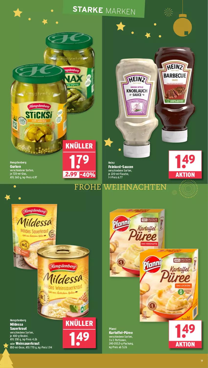 Aktueller Prospekt Wasgau - von 23.12 bis 28.12.2024 - strona 19 - produkty: auer, beutel, eis, feinkost, flasche, gurke, gurken, heinz, hengstenberg, Hengstenberg Gurken, kartoffel, Kraut, pfanni, püree, reis, sauce, saucen, Sauerkraut, Ti, weihnachten, wein, Weinsauerkraut