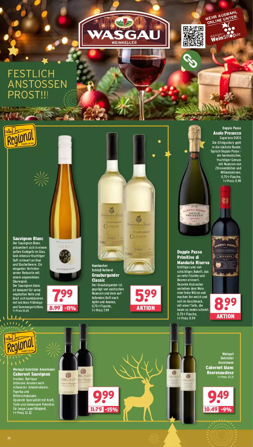 Aktueller Prospekt Wasgau - von 23.12 bis 28.12.2024 - strona 20 - produkty: ananas, apfel, beere, beeren, Birnen, Blüte, burgunder, cabernet, cabernet sauvignon, doppio passo, ecco, eis, elle, ente, flasche, frucht, früchte, grauburgunder, Holz, johannisbeere, kiwi, kraft, LG, mac, Nuance, nuss, paprika, passo, primitivo, prosecco, reis, Ria, riserva, sauvignon, sauvignon blanc, schoko, schokolade, Spezi, Ti, tisch, Vegeta, wein, zitrone, zitronen