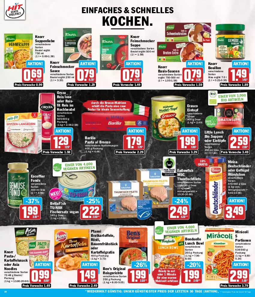 Aktueller Prospekt Hit - Wochenprospekt - von 08.07 bis 13.07.2024 - strona 10 - produkty: auer, barilla, Bau, Bauer, bett, beutel, bio, bonduelle, eintopf, eintöpfe, eis, elle, erasco, feinschmecker, filet, filets, fisch, fische, Fischer, followfish, Geflügel, gin, kartoffel, kartoffeln, knorr, knorr pasta, kochbeutel, LG, meica, Mirácoli, oryza, pasta, pfanni, reis, sauce, saucen, snack, suppe, suppen, suppenliebe, thunfisch, Ti, topf, würstchen, ZTE