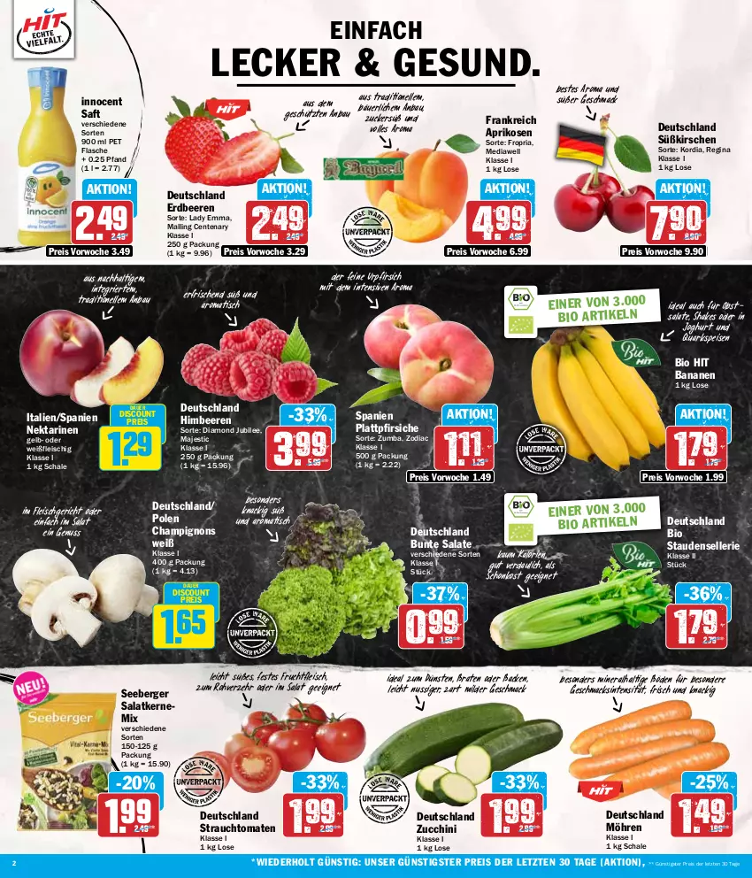 Aktueller Prospekt Hit - Wochenprospekt - von 08.07 bis 13.07.2024 - strona 2 - produkty: aprikose, aprikosen, auer, banane, bananen, Bau, beere, beeren, Berger, bio, bio hit, braten, bunte salate, champignon, champignons, discount, eis, elle, ente, erdbeere, erdbeeren, flasche, fleisch, frucht, fruchtfleisch, gin, himbeer, himbeere, himbeeren, Innocent, joghur, joghurt, kirsch, kirsche, kirschen, mac, möhren, Nektar, nektarinen, nuss, obst, pfirsich, pfirsiche, plattpfirsiche, quark, Rauch, reis, Ria, saft, salat, salate, Schal, Schale, seeberger, shake, stauden, strauchtomaten, Ti, tisch, tomate, tomaten, ZTE, zucchini, zucker