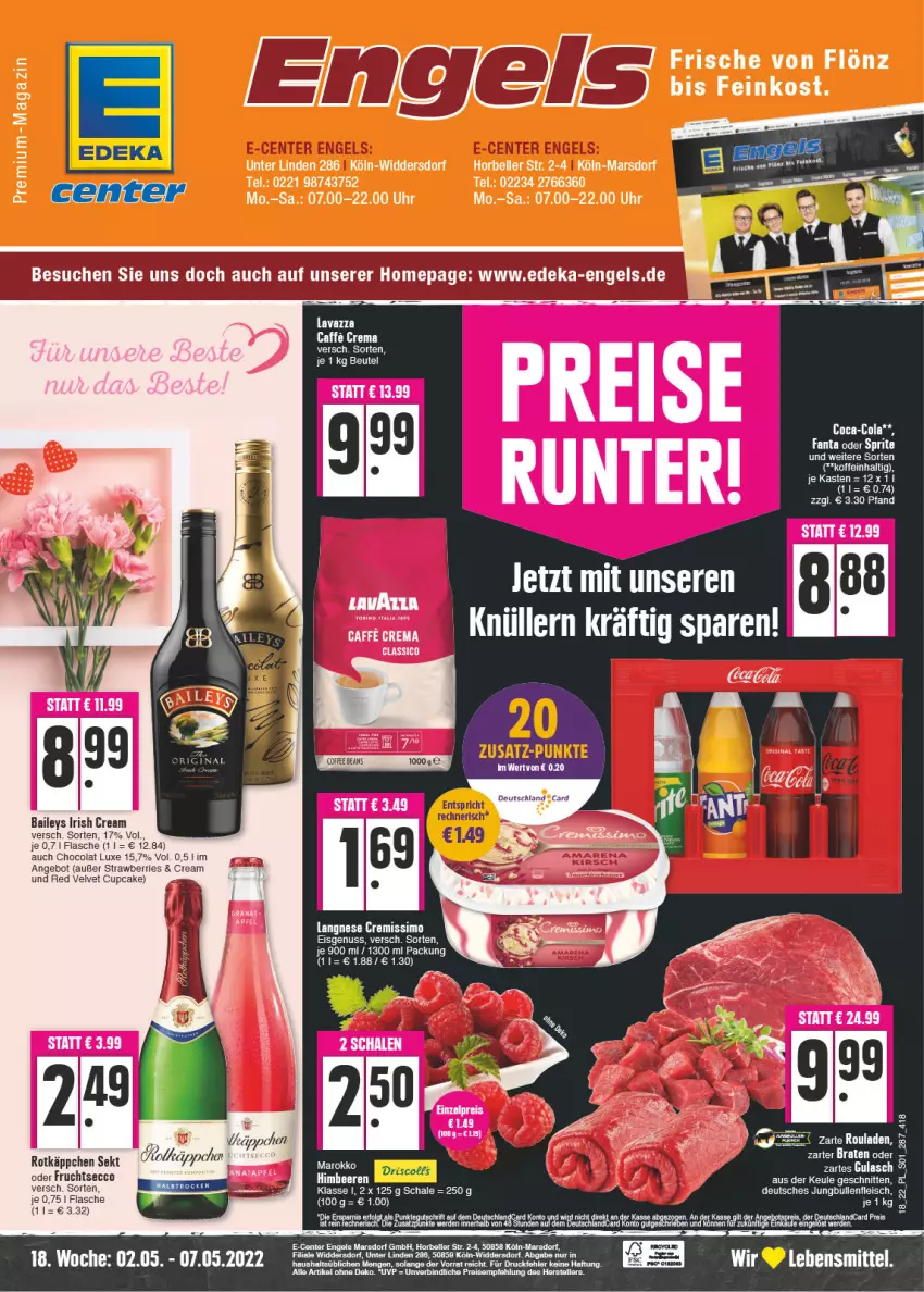 Aktueller Prospekt E Center - Angebote der Woche - von 02.05 bis 07.05.2022 - strona 1 - produkty: angebot, baileys, beere, beeren, beutel, braten, caffe, cola, cremissimo, ecco, eis, elle, Engel, ente, fanta, fanta oder, feinkost, flasche, frucht, fruchtsecco, himbeer, himbeere, himbeeren, irish cream, langnese, langnese cremissimo, lavazza, LG, magazin, mars, nuss, reis, reiss, rotkäppchen, Schal, Schale, schnitten, sekt, sim, teller, Ti, uhr, velvet, Yo