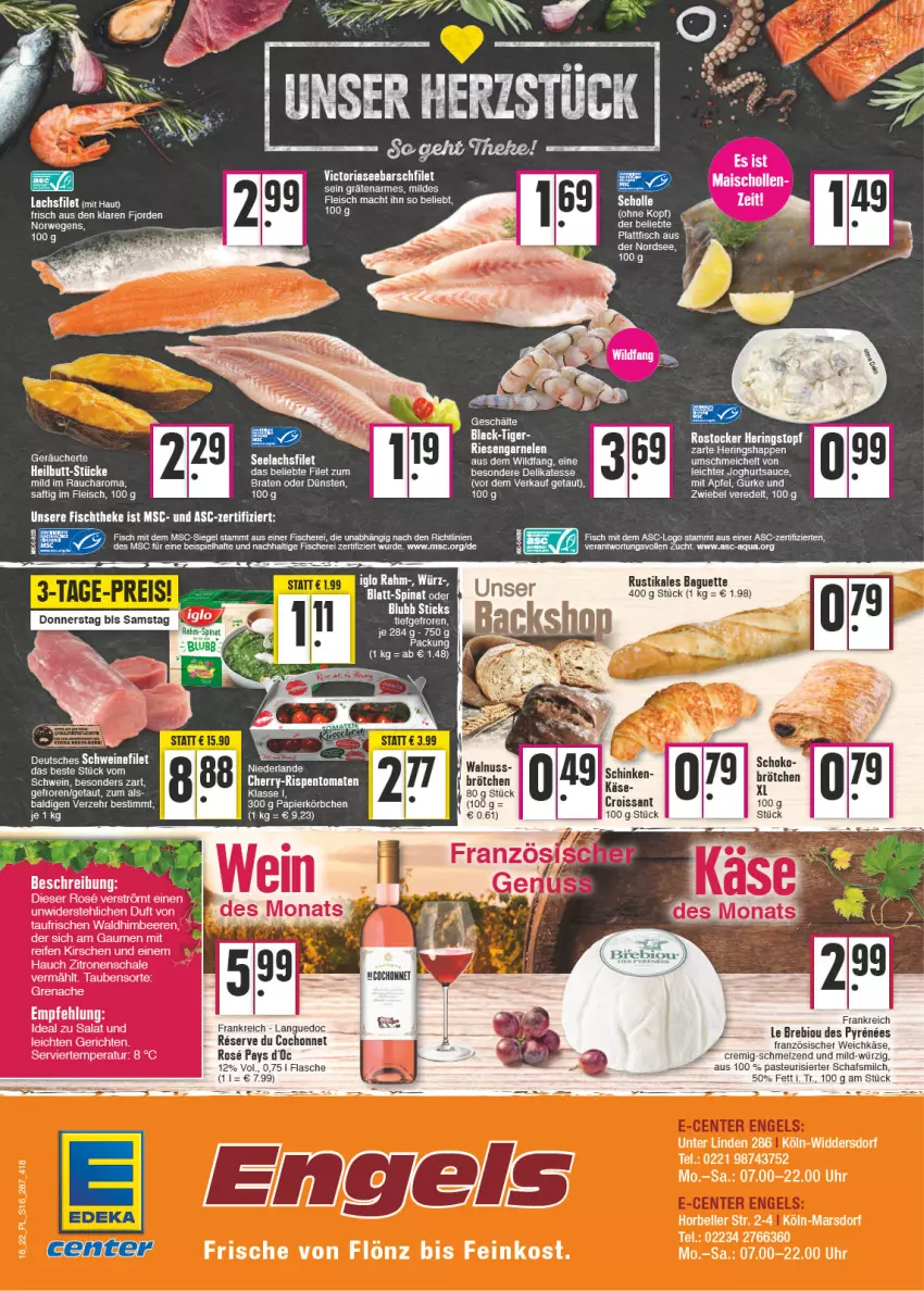 Aktueller Prospekt E Center - Angebote der Woche - von 02.05 bis 07.05.2022 - strona 16 - produkty: apfel, aqua, baguette, beere, beeren, bio, braten, brötchen, Croissant, eier, eis, elle, feinkost, filet, fisch, fische, Fischer, fischtheke, flasche, fleisch, französischer weichkäse, garnelen, gurke, hering, Herings, Heringshappen, himbeer, himbeere, himbeeren, iglo, Käse, kirsch, kirsche, kirschen, Körbchen, lachs, lachsfilet, mac, milch, Nordsee, nuss, papier, Rauch, reifen, Ria, riesengarnelen, ring, rispentomaten, rwe, saft, Schal, Schale, Schere, schinken, schoko, spinat, tee, Ti, tomate, tomaten, uhr, walnuss, weichkäse, wein, Wild, zitrone, zitronen, zwiebel