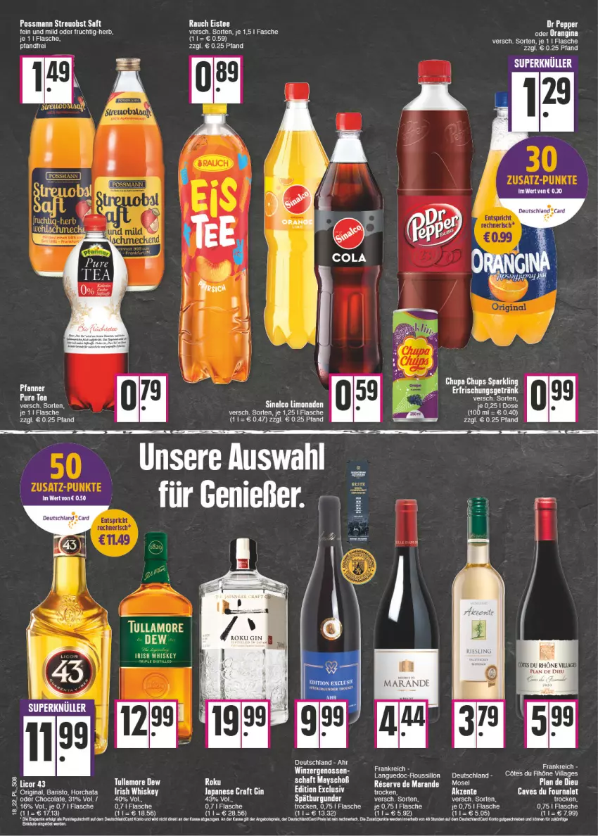 Aktueller Prospekt E Center - Angebote der Woche - von 02.05 bis 07.05.2022 - strona 8 - produkty: auer, bett, chupa, chupa chups, cola, eier, eis, eistee, ente, flasche, frucht, gin, irish whiskey, licor, licor 43, limo, limonade, limonaden, obst, orangina, pfanne, Pfanner, Rauch, saft, sinalco, tee, Ti, Tiere, whiskey