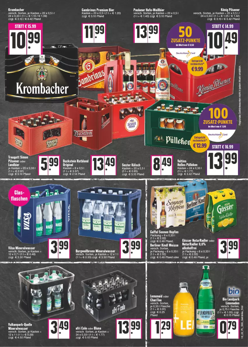 Aktueller Prospekt E Center - Angebote der Woche - von 02.05 bis 07.05.2022 - strona 9 - produkty: alkohol, Alwa, Bau, bier, bio, burgwallbronn, Duck, Elan, elle, gösser, Hefe, könig pilsener, krombache, krombacher, mineralwasser, natur, Paula, paulaner, pils, pilsener, radler, sim, Ti, veltins, wasser, Weste