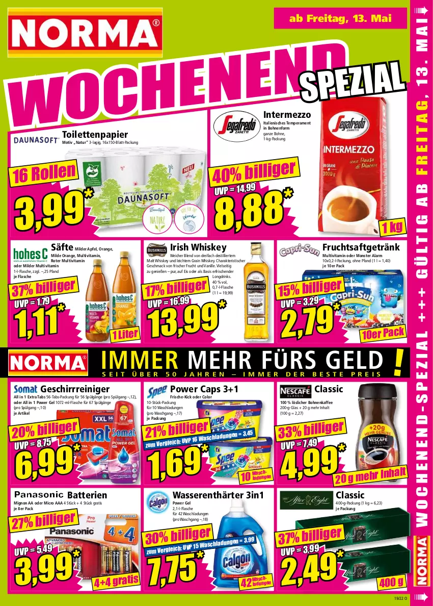 Aktueller Prospekt Norma - Norma - von 09.05 bis 16.05.2022 - strona 15 - produkty: apfel, batterie, batterien, bohne, bohnen, bohnenkaffee, Cap, drink, drinks, eis, flasche, frucht, fruchtsaft, fruchtsaftgetränk, geschirr, getränk, intermezzo, irish whiskey, kaffee, LG, löslicher bohnenkaffee, mac, monster, natur, orange, papier, reiniger, saft, säfte, Ti, tisch, toilettenpapier, vanille, vita, wasser, wasserenthärter, whiskey