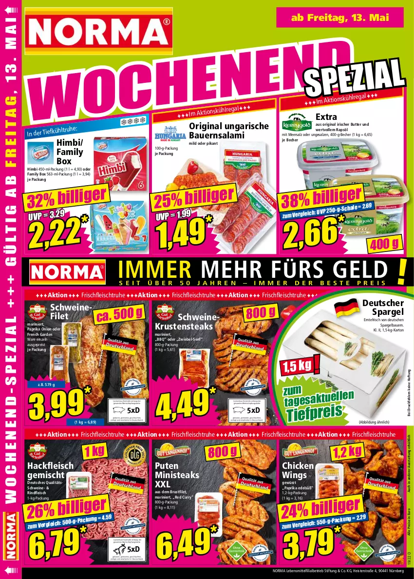 Aktueller Prospekt Norma - Norma - von 09.05 bis 16.05.2022 - strona 16 - produkty: auer, Bau, Bauer, Becher, brustfilet, butter, chicken wings, curry, deutscher spargel, eis, filet, fleisch, gewürz, gin, hackfleisch, hackfleisch gemischt, lebensmittel, meersalz, paprika, pute, rapsöl, regal, reis, rind, rindfleisch, salami, salz, schwein, schweine, schweinefilet, senf, spargel, steak, steaks, Ti, tiefpreis, wein, weine, zwiebel