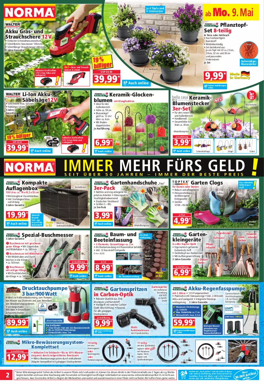 Aktueller Prospekt Norma - Norma - von 09.05 bis 16.05.2022 - strona 2 - produkty: adapter, akku, Akku-Regenfasspumpe, asti, auflagenbox, Bau, Bebe, beere, Beetumrandung, Behälter, blume, blumen, braun, brause, Brei, Clogs, dell, eis, elle, ente, Garten, gartenschlauch, gin, handschuhe, Holz, HP, käfer, kraft, ladegerät, LG, Liege, messer, Mett, Mode, ndk, passend für alle, Pflanztopf, rasen, rasenmäher, Rauch, reis, rwe, Säbelsäge, säge, Schal, Schere, schlauch, Schmetterling, schuhe, Spezi, Spiele, Strauchschere, Teleskop, Ti, tisch, topf, Topfset, Untersetzer, wasser, werkzeug