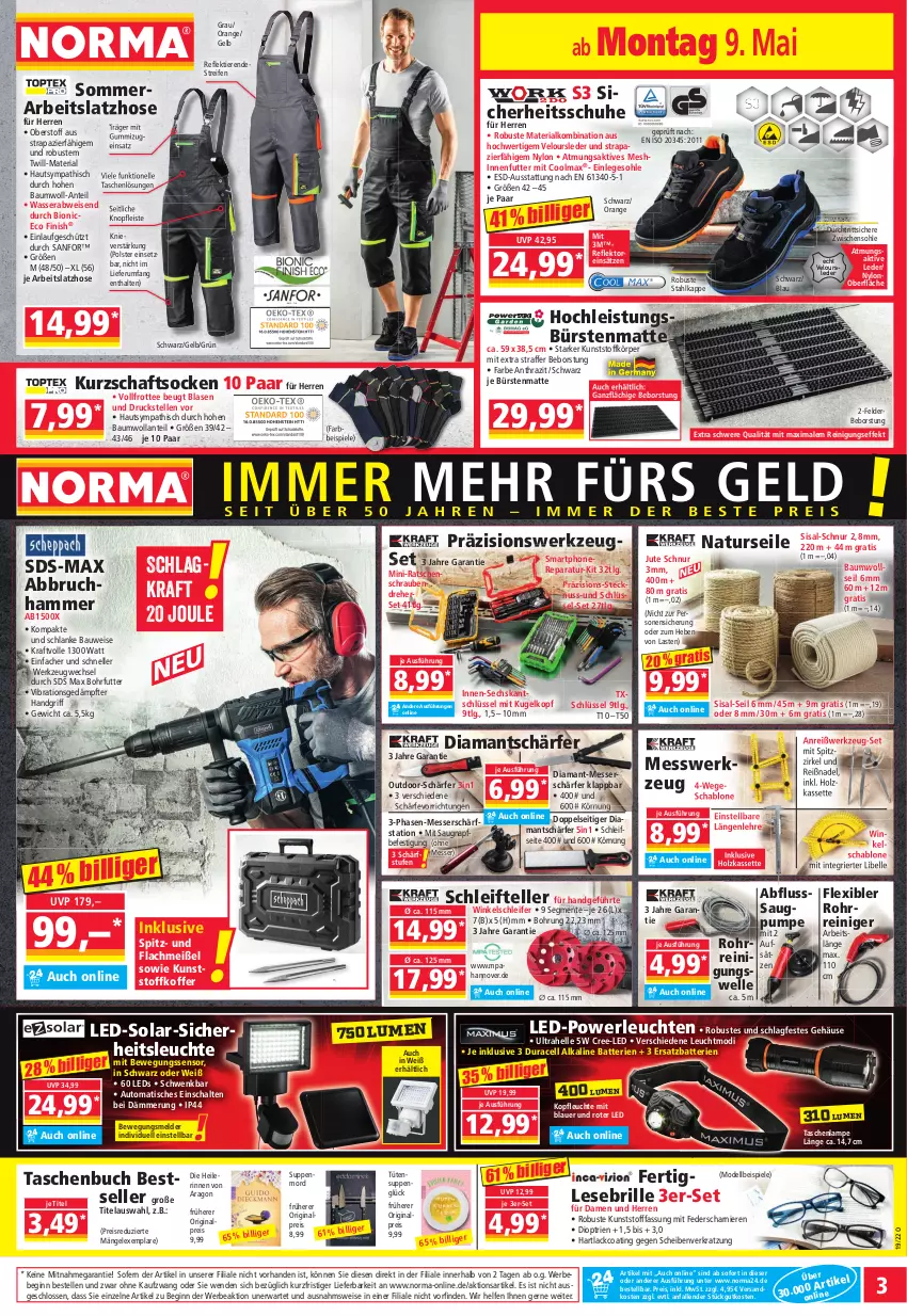 Aktueller Prospekt Norma - Norma - von 09.05 bis 16.05.2022 - strona 3 - produkty: Abbruchhammer, auer, auto, batterie, batterien, Bau, Bebe, Bewegungssensor, bio, Brille, buch, bürste, bürsten, dell, eis, elle, ente, Finish, gin, gsw, Holz, hose, koffer, kraft, Kugel, Kurzschaftsocken, lack, Lampe, Latzhose, leds, Leuchte, leuchten, LG, messer, Mode, natur, ndk, nuss, orange, reifen, reiniger, Reinigung, reis, Ria, rum, Schal, Schärfstation, schrauben, Schraubendreher, schuhe, smartphone, socken, Spiele, suppe, suppen, Tasche, taschen, Taschenbuch, taschenlampe, tee, teller, Ti, Tiere, tisch, Tüte, wasser, werkzeug, Winkelschleifer