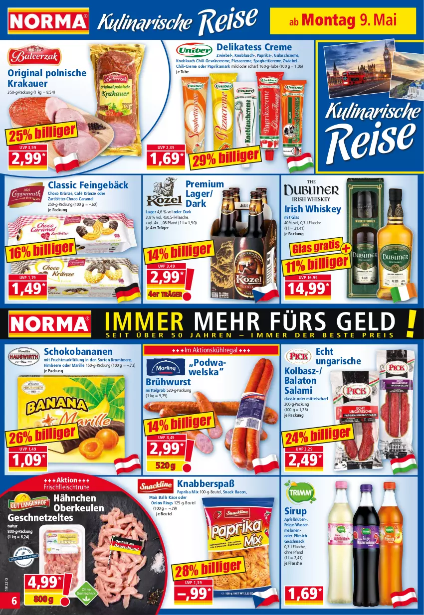 Aktueller Prospekt Norma - Norma - von 09.05 bis 16.05.2022 - strona 6 - produkty: apfel, auer, bacon, Balaton, ball, banane, bananen, beere, beutel, Blüte, brombeere, Brühwurst, caramel, chili, creme, eis, flasche, fleisch, frucht, Fruchtmark, geschnetzeltes, gewürz, Gewürzcreme, gin, gulasch, Gulaschcreme, himbeer, himbeere, irish whiskey, Käse, knoblauch, krakauer, kühlregal, LG, mac, mais, melone, melonen, mit frucht, natur, paprika, paprika mix, pfirsich, pizza, regal, ring, salami, schoko, Schokobananen, sirup, snack, spaghetti, Ti, wasser, wassermelone, wassermelonen, Wels, whiskey, wurst, Zelt, zwiebel