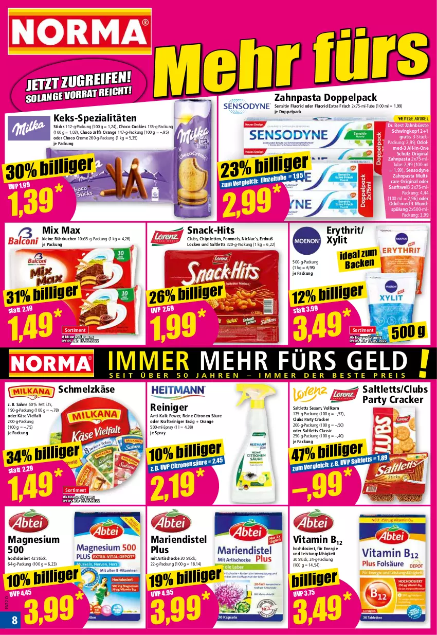 Aktueller Prospekt Norma - Norma - von 09.05 bis 16.05.2022 - strona 8 - produkty: bürste, chips, cookie, cookies, cracker, creme, Dr. Best, eis, essig, gin, Käse, käse vielfalt, keks, korn, kraft, kuchen, leine, magnesium, mundspülung, Odol, Odol-med 3, orange, pasta, Pommels, reiniger, sahne, saltletts, Schmelzkäse, sensodyne, sesam, snack, Spezi, spülung, Ti, tisch, vita, Vitamin B, zahnbürste, zahnpasta, Zelt