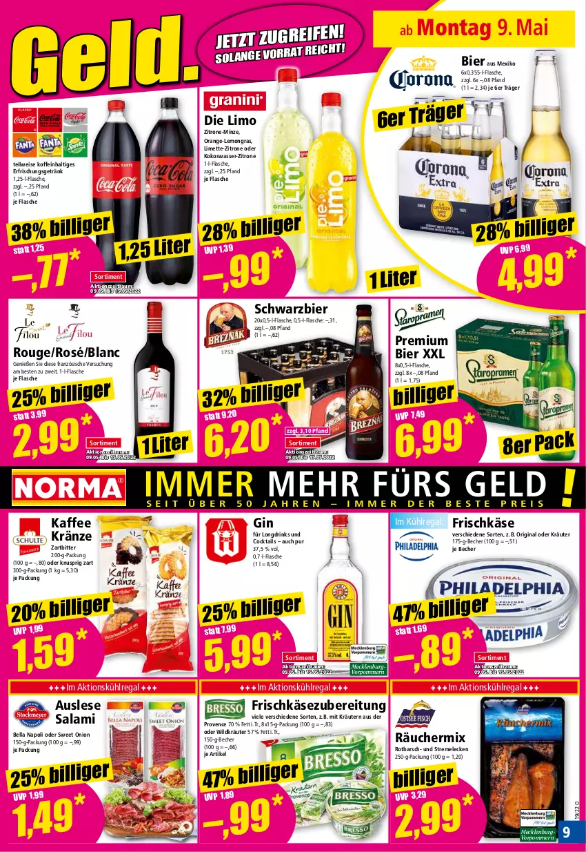 Aktueller Prospekt Norma - Norma - von 09.05 bis 16.05.2022 - strona 9 - produkty: Becher, bier, cocktail, cocktails, drink, drinks, eis, erfrischungsgetränk, flasche, frischkäse, frischkäsezubereitung, getränk, gin, kaffee, Käse, kokos, Kokoswasser, kräuter, kräutern, kühlregal, limette, limo, Mett, minze, oder kräuter, orange, regal, Rotbarsch, rouge, salami, Ti, wasser, Wild, zitrone