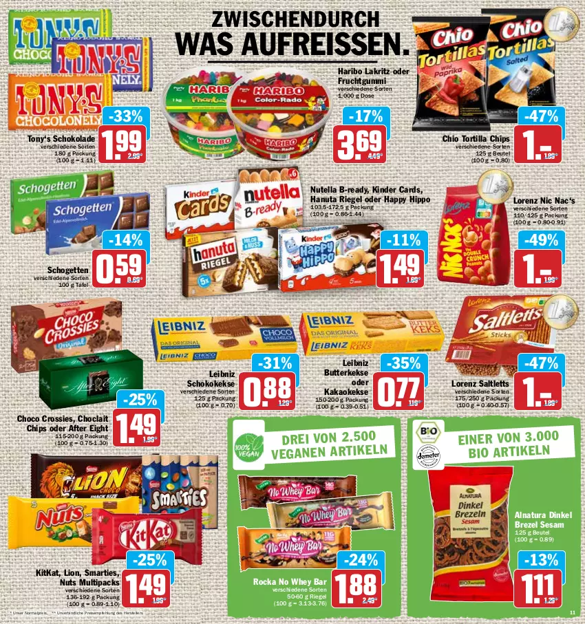 Aktueller Prospekt Hit - Prospekte - von 16.05 bis 21.05.2022 - strona 11 - produkty: after eight, beutel, brezel, butter, butterkeks, chips, choclait chips, choco crossies, crossies, eis, elle, frucht, fruchtgummi, hanuta, haribo, hipp, kakao, keks, kekse, Kinder, kitkat, Lakritz, leibniz, lion, lorenz, natur, natura, nutella, reis, reiss, riegel, saltletts, schogetten, schoko, schokolade, sesam, smarties, teller, Ti, tortilla, Tortilla Chips