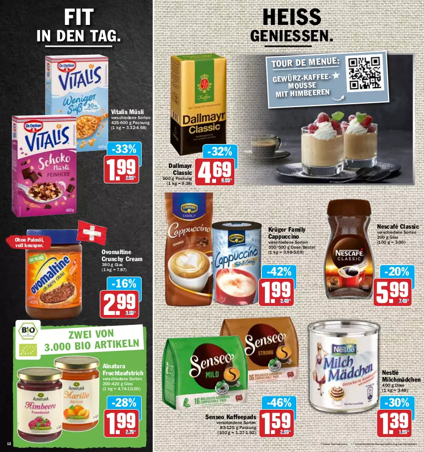 Aktueller Prospekt Hit - Prospekte - von 16.05 bis 21.05.2022 - strona 12 - produkty: aufstrich, beutel, Cap, cappuccino, cin, dallmayr, eis, elle, frucht, fruchtaufstrich, kaffee, kaffeepads, krüger, milch, müsli, natur, natura, Nescafé, nestlé, ohne palmöl, ovomaltine, reis, senseo, teller, Ti, vita, vitalis, vitalis müsli