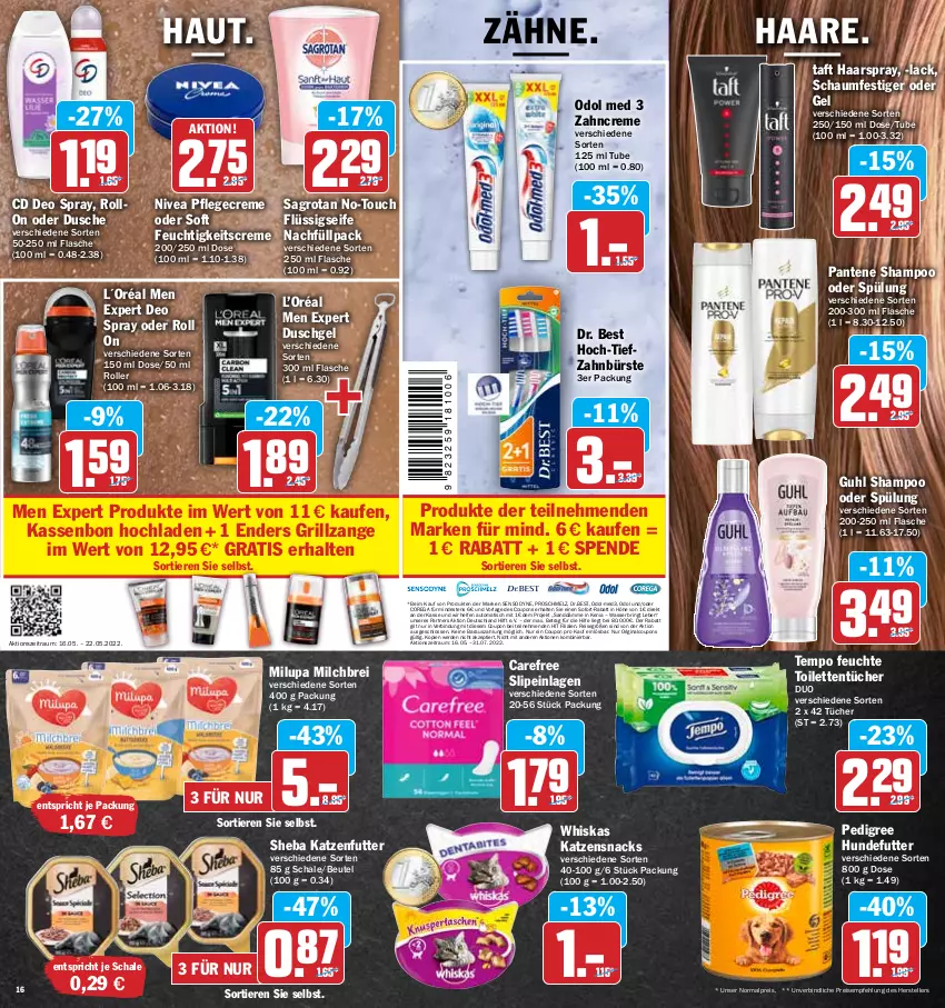 Aktueller Prospekt Hit - Prospekte - von 16.05 bis 21.05.2022 - strona 16 - produkty: auto, beutel, Brei, bürste, carefree, coupon, coupons, creme, deo, deo spray, Dr. Best, dusche, duschgel, eis, elle, enders, erde, feuchtigkeitscreme, flasche, flüssigseife, gin, grill, grillzange, Guhl, haarspray, katzenfutter, katzensnack, katzensnacks, L´Oréal, lack, milch, milupa, nivea, Odol, odol med, pantene, pedigree, Pflegecreme, reis, ring, Roller, sagrotan, Schal, Schale, schaumfestiger, Seife, sensodyne, shampoo, shampoo oder spülung, sheba, slip, slipeinlagen, snack, snacks, sofort-rabatt, spülung, Taft, teller, Tempo, Ti, Tiere, tisch, toilettentücher, tücher, wasser, whiskas, zahnbürste, zahncreme