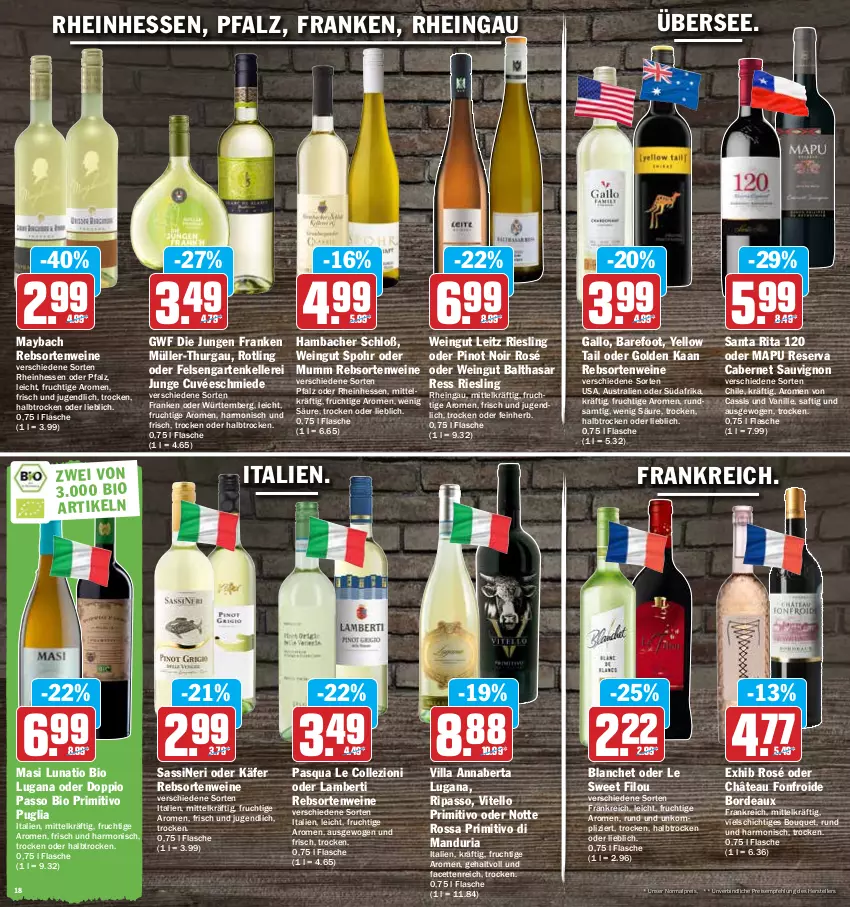 Aktueller Prospekt Hit - Prospekte - von 16.05 bis 21.05.2022 - strona 18 - produkty: Amber, aust, bio, cabernet, cabernet sauvignon, cassis, cuvée, doppio passo, eis, elle, flasche, frucht, gallo, Garten, käfer, leitz, maybach, Müller, Müller-Thurgau, mumm, passo, Pinot, pinot noir, primitivo, rebsortenweine, reis, Ria, riesling, saft, sauvignon, teller, Ti, vanille, wein, weine, yellow tail