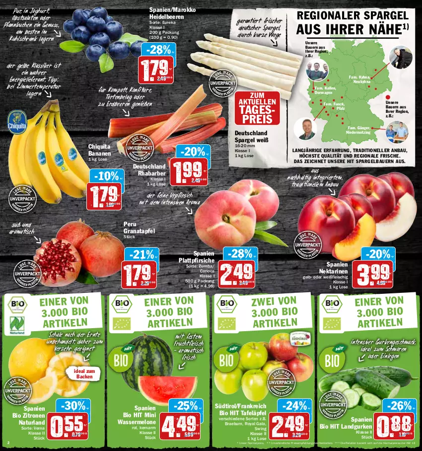 Aktueller Prospekt Hit - Prospekte - von 16.05 bis 21.05.2022 - strona 2 - produkty: apfel, auer, banane, bananen, Bau, Bauer, beere, beeren, bio, bio hit, chiquita, deutscher spargel, eis, elle, erdbeere, erdbeeren, fleisch, frucht, fruchtfleisch, grana, granatapfel, gurke, gurken, heidelbeere, heidelbeeren, joghur, joghurt, konfitüre, kuchen, kühlschrank, Landgurken, mac, melone, natur, naturland, Nektar, nektarinen, nuss, obst, Pfannkuchen, pfirsich, pfirsiche, plattpfirsiche, Rana, reis, rel, rhabarber, salat, salate, Schal, Schale, Schrank, spargel, tafeläpfel, teller, Ti, tisch, torte, wasser, wassermelone, zitrone, zitronen