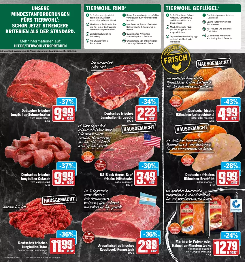 Aktueller Prospekt Hit - Prospekte - von 16.05 bis 21.05.2022 - strona 5 - produkty: auer, Bau, Bauer, beef, bio, braten, brustfilet, eis, elle, ente, entrecôte, filet, fleisch, Frische Hähnchen, Geflügel, gin, gulasch, hähnchen-brustfilet, henkel, hüftsteak, hüftsteaks, jungbullen, lack, mais, minutensteaks, monitor, natur, nuss, pute, reis, Ria, rind, ring, roastbeef, rum, rumpsteak, schenkel, schmorbraten, Spezi, Sport, steak, steaks, teller, Ti, Tiere, tisch, ZTE